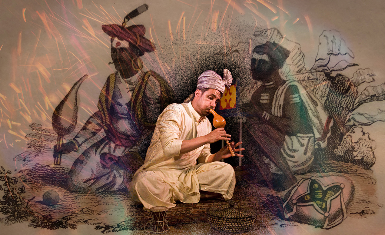 Magician Snake Charming with Historical Illustration of Magicians